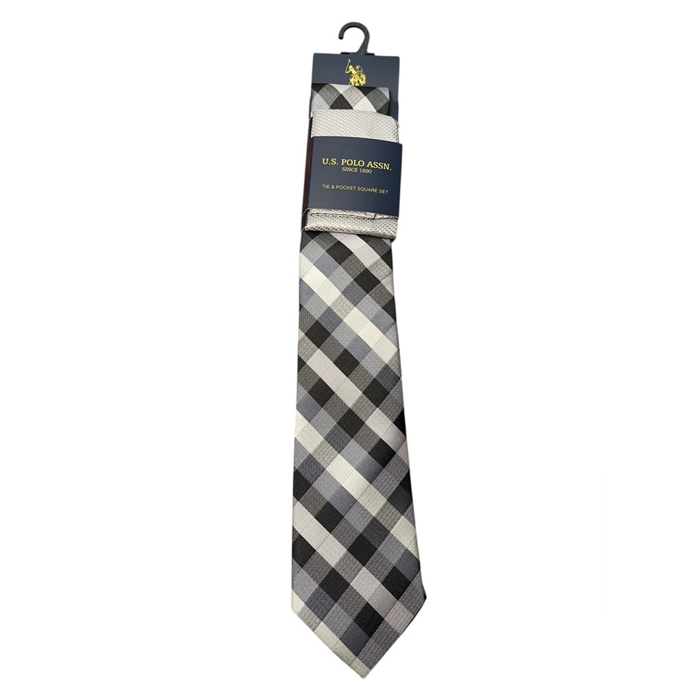 US Polo Assn Blue Plaid Tie and Pocket Square Pack NWT boxDH